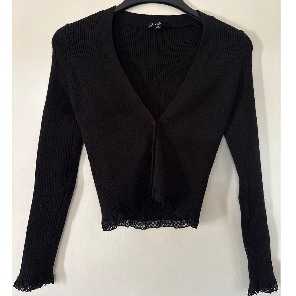 For Love & Lemons Black Ribbed Lace Cardigan Sweater XS Whimsigoth Witchy Goth